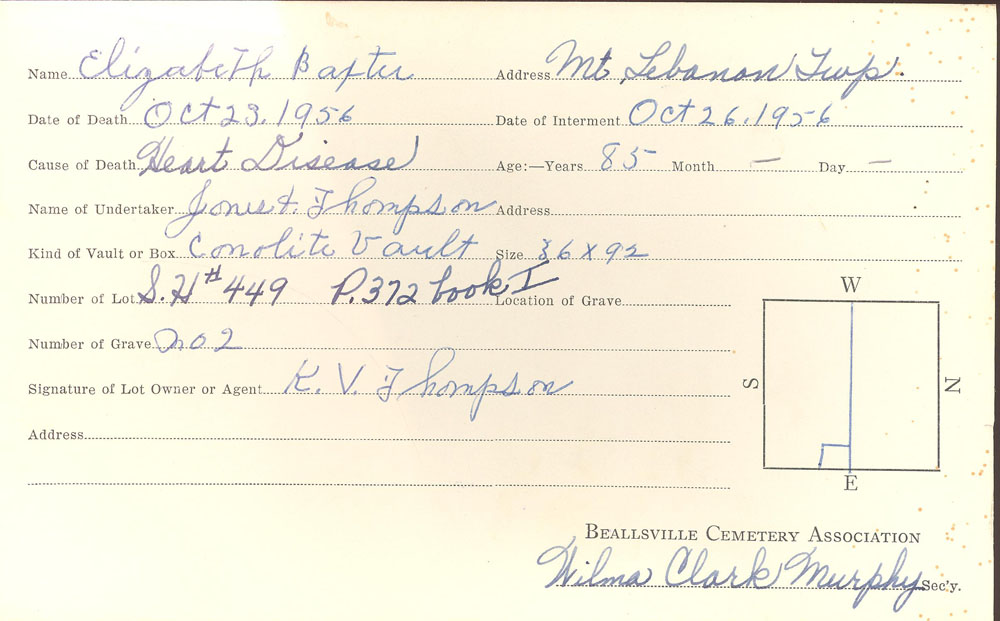 Elizabeth Baxter  burial card